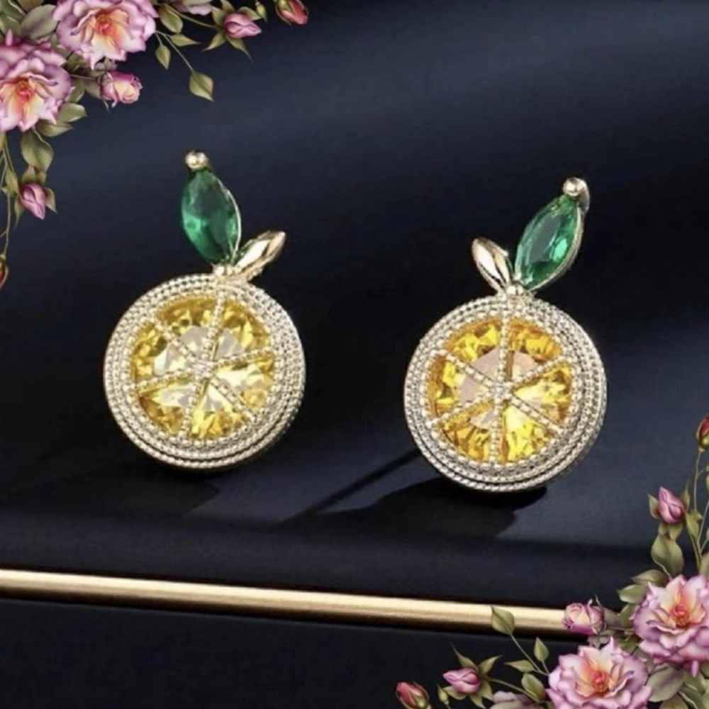 🍋Dainty Lemon Rhinestone Stud Earrings | Yellow Green Gold Tone NEW🍋